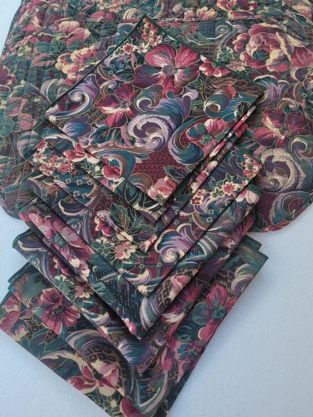 VTG Quilted Placemats & Napkins Set of 9 Floral Jewel Tone Tapestry EUC